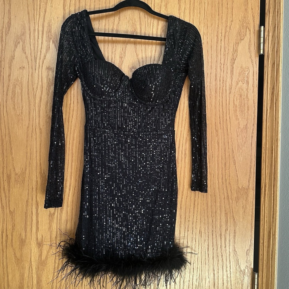 Windsor Black Sequin Long Sleeve Feather Hem Mini Dress